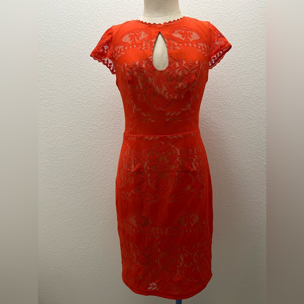 Bebe Women’s Orange Lace Cap Sleeve Midi Dress Size 8